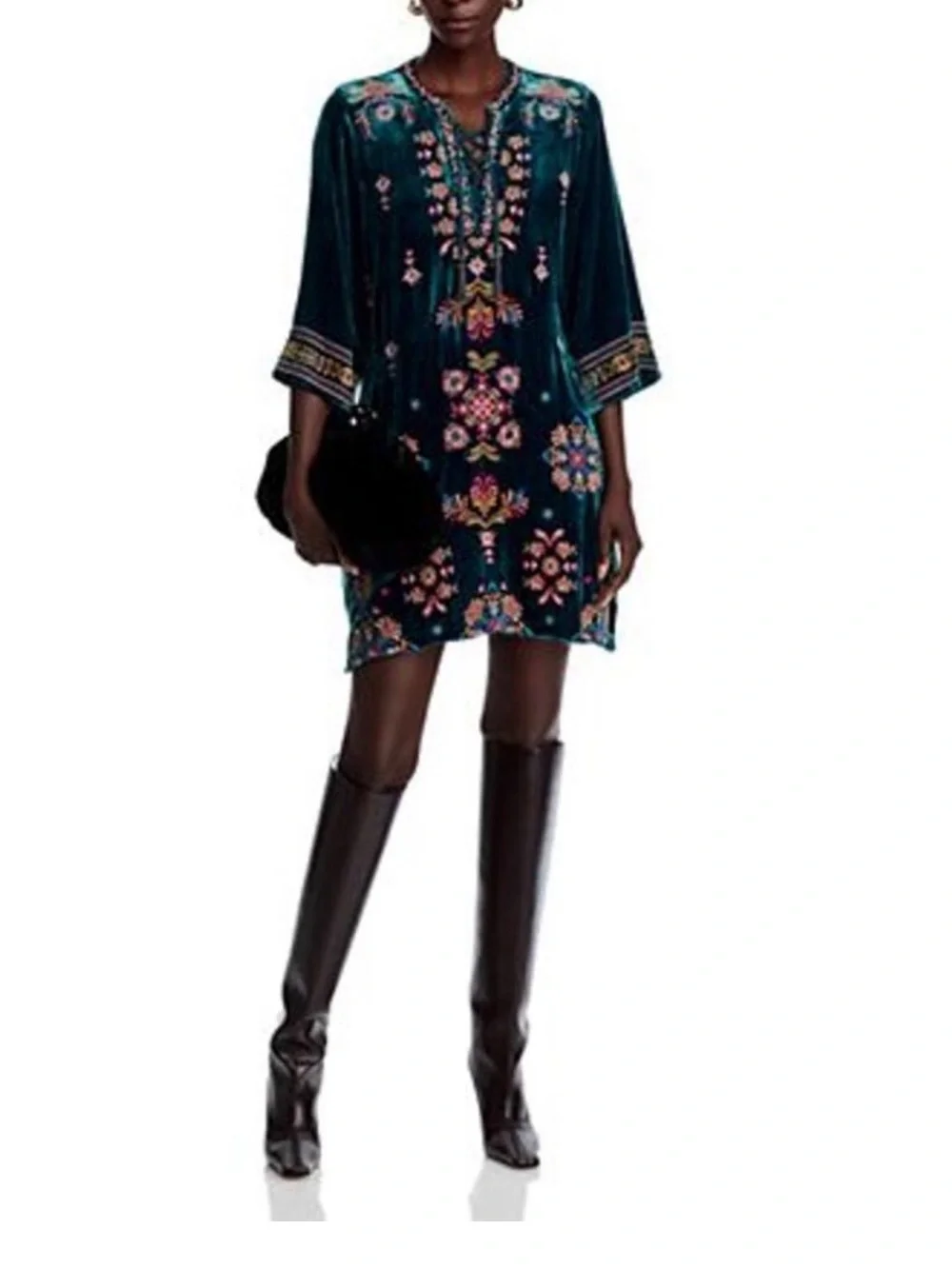 Johnny Was Teal Green Velvet Embroidered Lace-Up Dress - Picture 4 of 5